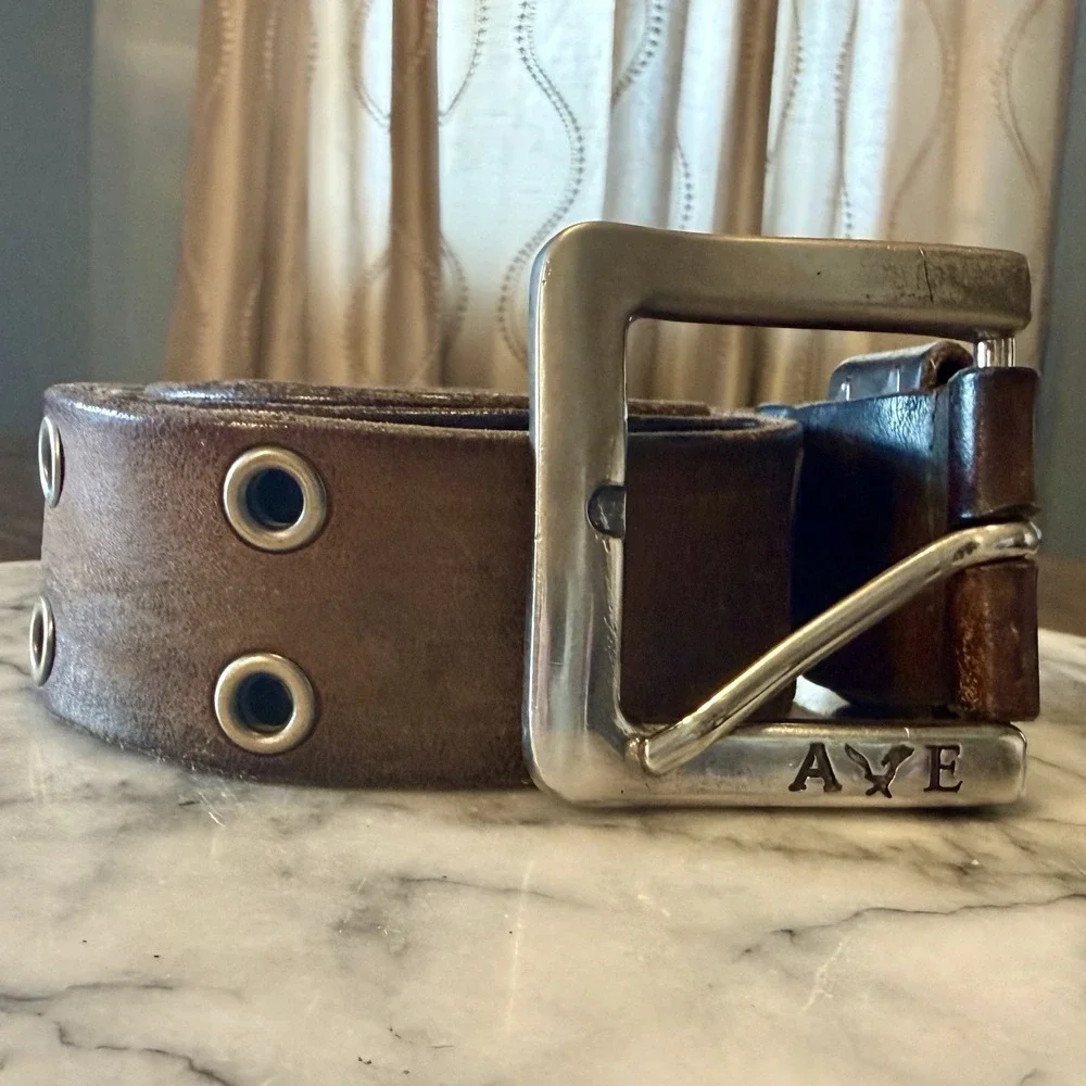 VTG 90s Y2K American Eagle Brown Leather Weathered Silver Grommet Belt Sz 34-40